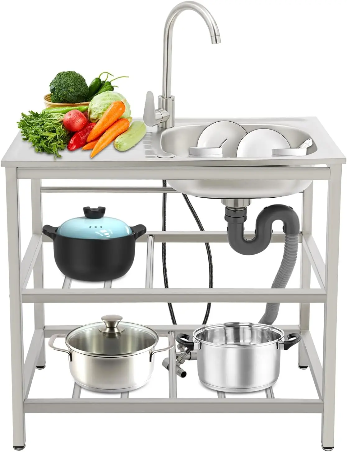 حوض خارجي قائم بذاته، حوض مطبخ فردي من الفولاذ المقاوم للصدأ مع صنبور قابل للتعديل وأنبوب صرف، حوض محمول للاستخدام الخارجي #1