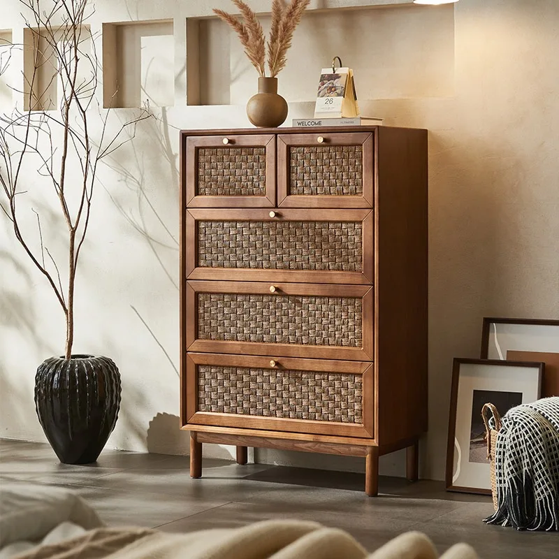 Solid wood rattan four chest cabinets, simple modern medieval art dining side drawer storage cabinets