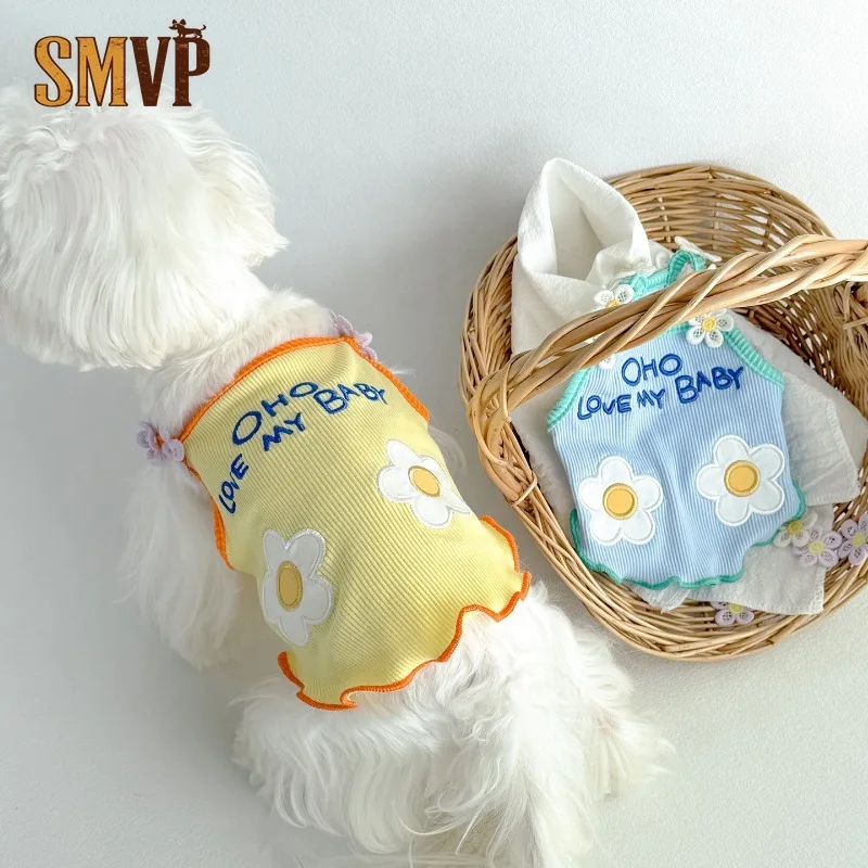 

Cute Floral Embroidered Pet Camisole Thin Breathable Summer Air Conditioner Pajama Tank Top for Small Dogs Cats Pet Clothes
