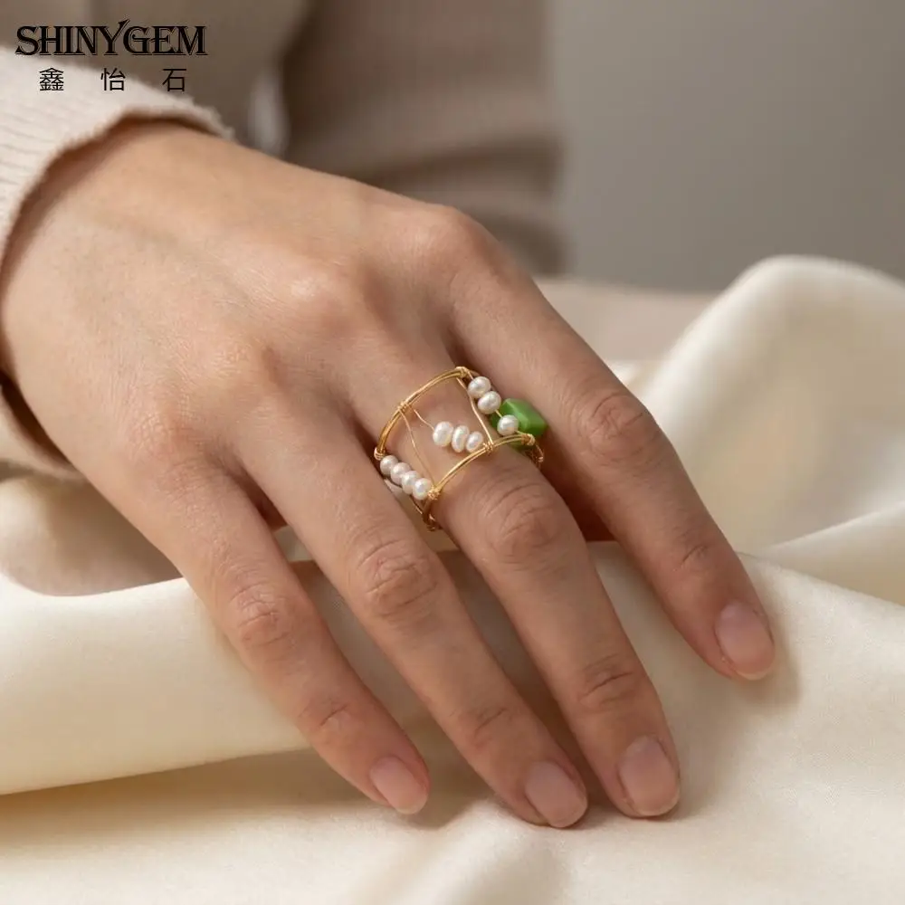 SHINYGEM Natural Freshwater Rice Shaped Pearl Ring for Women 14k Copper Gold Plated Hand Wound Open Style 2026 Rings