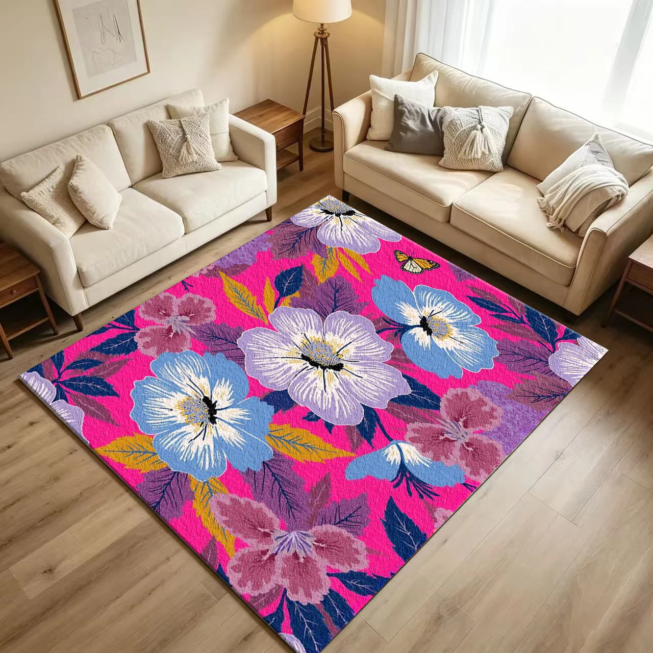 Bright Pink Background Tropical Floral Butterfly Carpet Flooring Vivid Color Retro Botanical Seamless Art Pattern Printed Floor Rug for Household Indoor Home Aesthetic Decoration