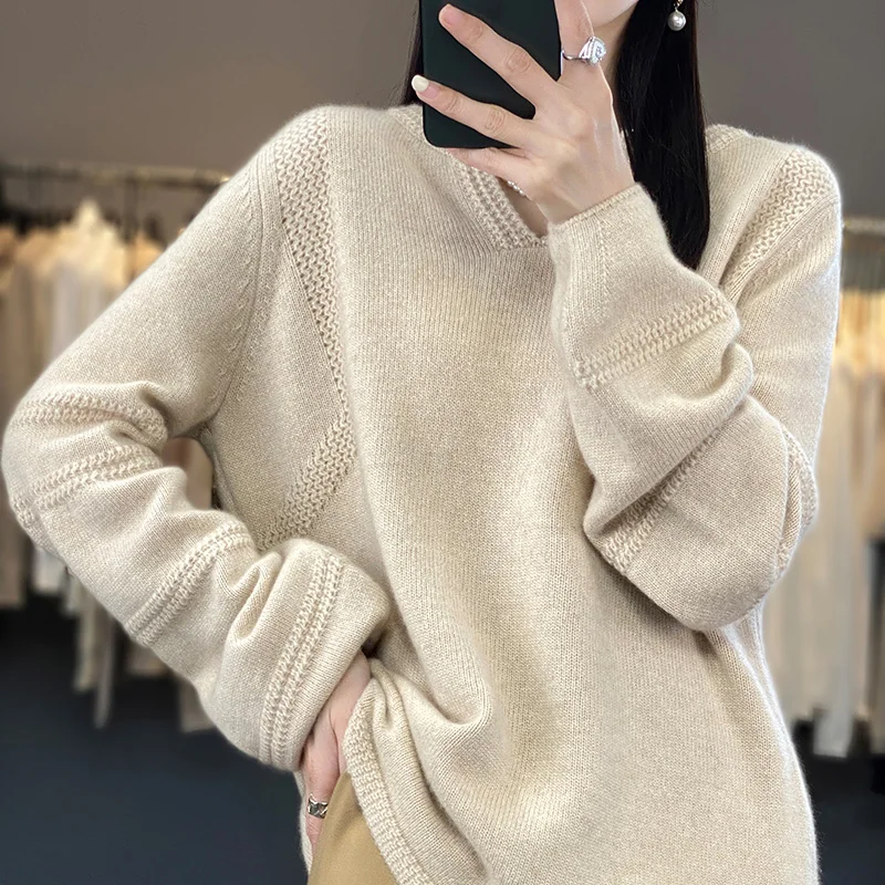 

Women's Long Sleeve Hollow Crochet Pullover, Round Neck Sweater, Loose Cashmere Knit Bottoming Sweater