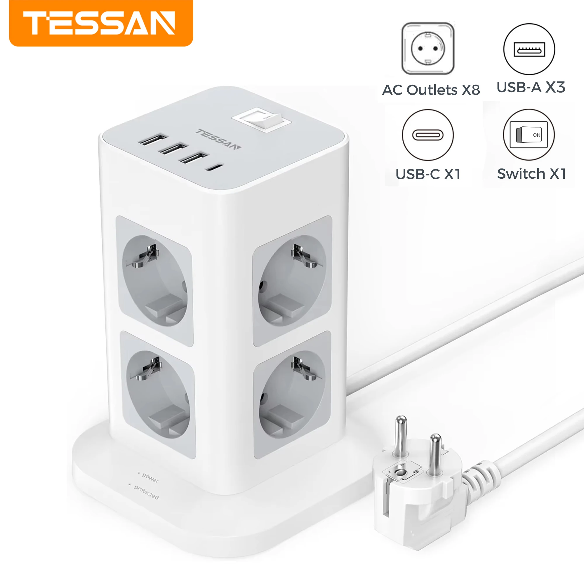 TESSAN Tower – prise de courant à 8 voies, multiprise verticale, rallonge de 2m, prise ue avec 4 interrupteurs de protection contre les surcharges USB