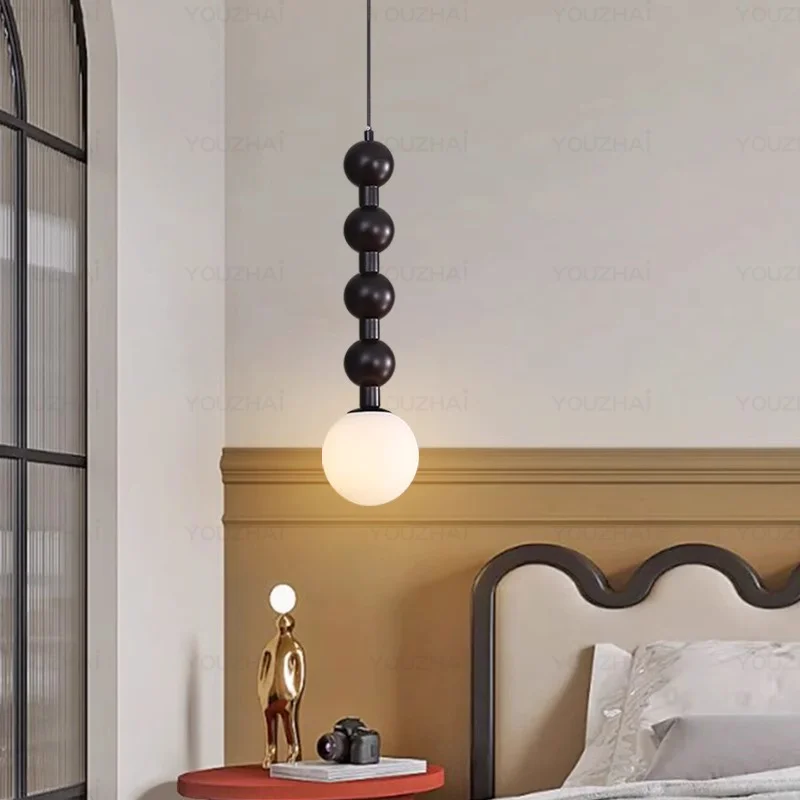 French retro solid wood bedroom headboard pendant light, modern minimalist creative restaurant pendant light