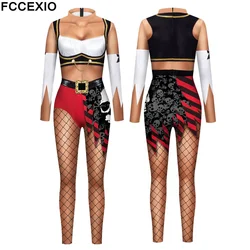 FCCEXIO Woman Pirate Lace Skull Print Jumpsuit Halloween Sexy Zentai Bodysuit Festival Catsuit Female Show Party Clothing