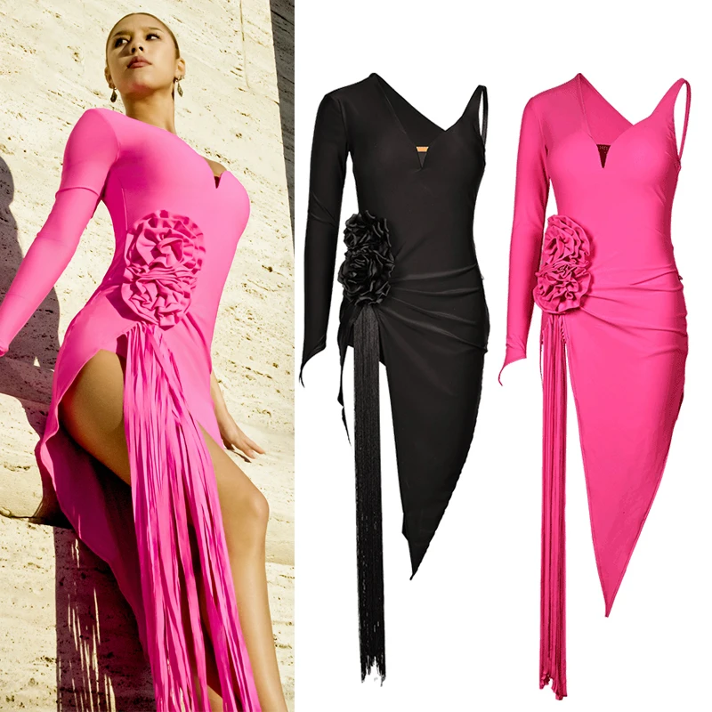 2025 New Latin Dance Dress For Women Sexy Slit Tassel Dress Samba Chacha Adult Female Latin Dance Competition Clothing DQS21562