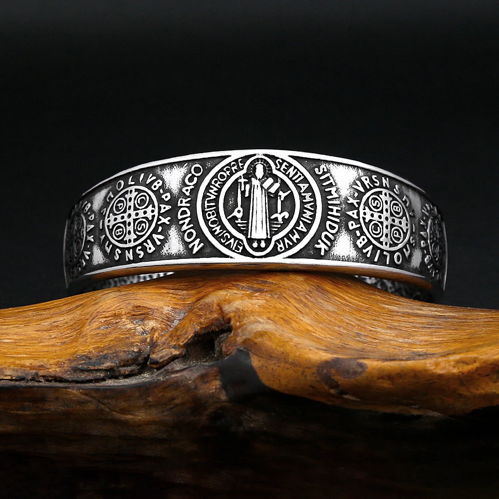 Vintage Saint Benedict Exorcism Bracelet For Men Women Stainless Steel Hip Hop Biker Opening Amulet Bangle Creative Jewelry Gift