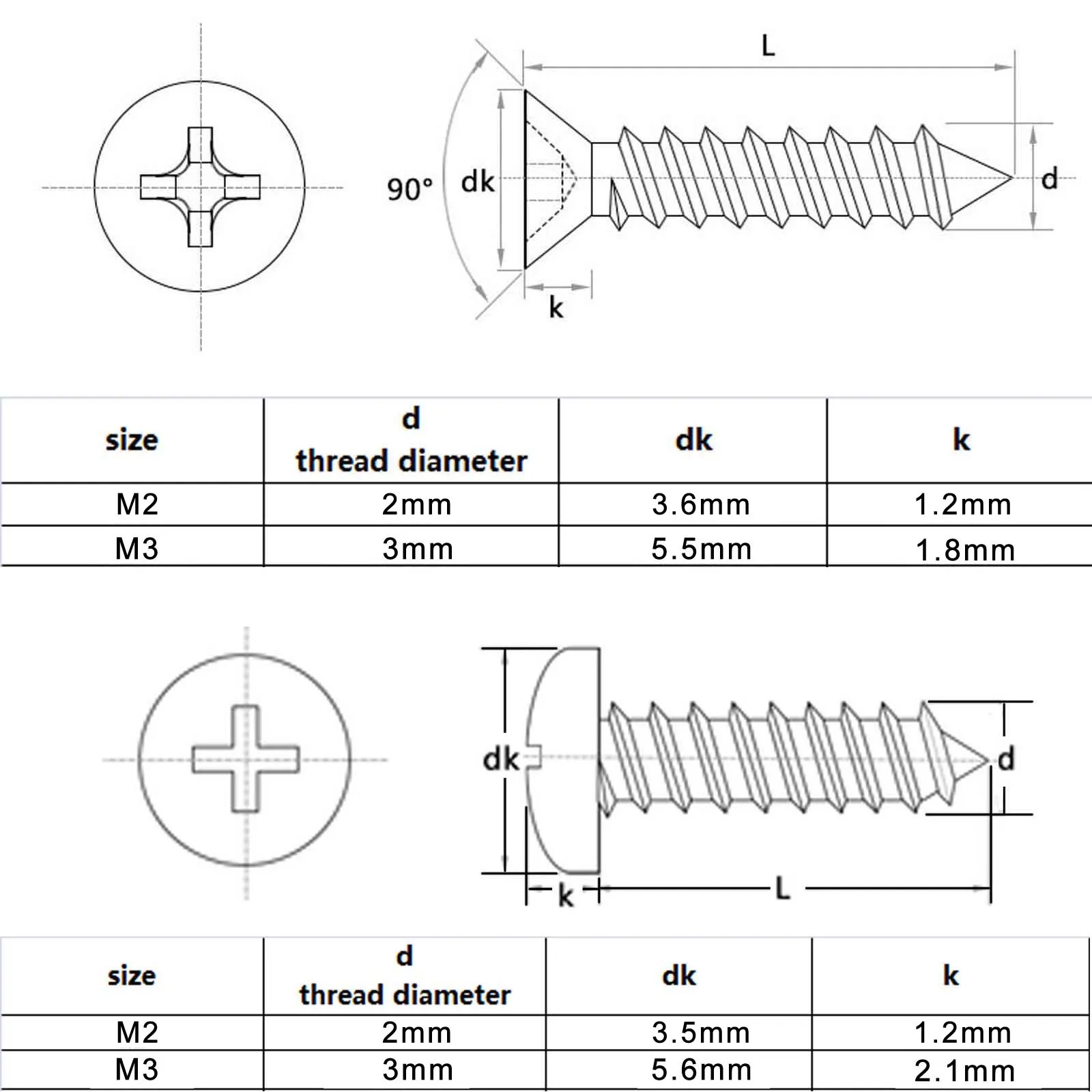 Phillips Flat Countersunk Round Pan Head Self Tapping Wood Screw Mix 6 Sizes M2 M3 Assortment Set Kit 304 A2-70 Stainless Steel