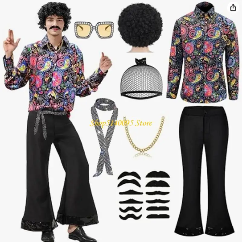 DXAE MEN 70S Disco -Kostüme umfassen Retro -Hemdglocken -Bottom -Hosen -Perücke Sonnenbrille Halskette Perückenkappen für Disco