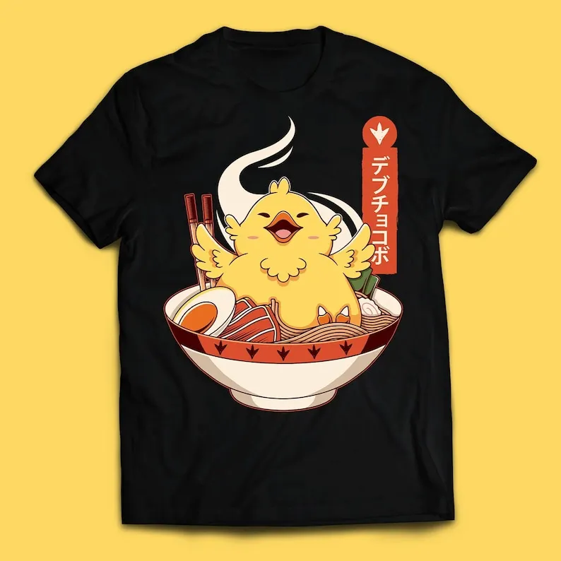 Fat Chocobo Ramen T-shirtFFVII FFXIV FF14 Final Fantasy VII Rebirth Gaming Tee Cute Kawaii Tee