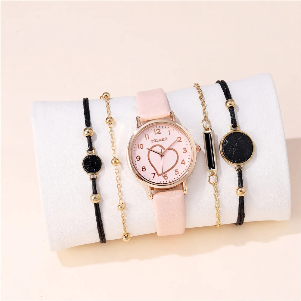 5pcs/set fashion sweet heart style women leather quartz watch