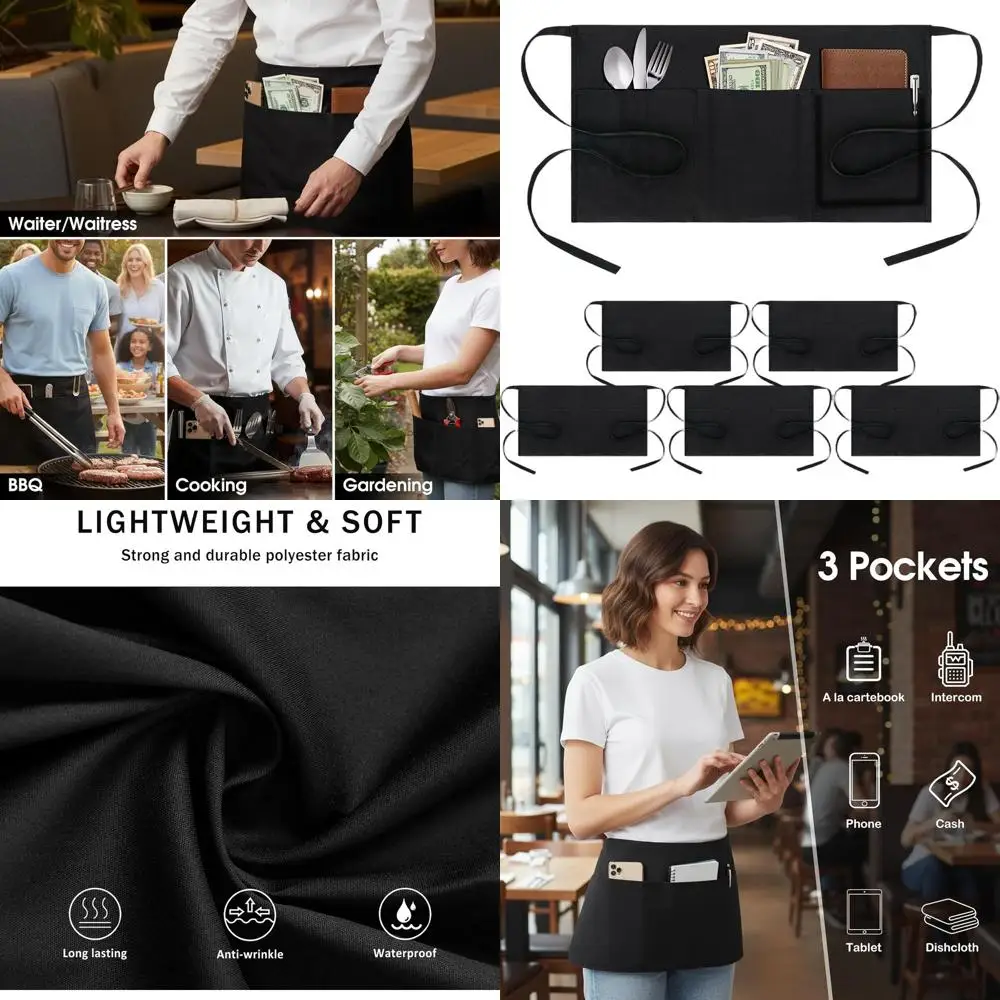 

6-Pack Long-Strain Waiter Aprons with Triple Pockets - Black Half Apron for Server Staff