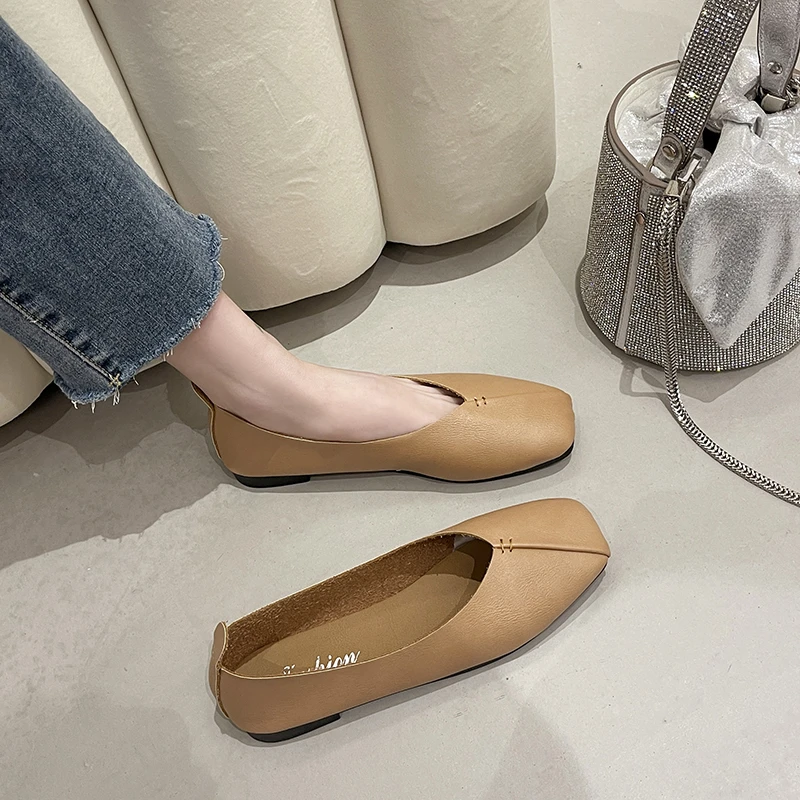 Shoes for Women 2023 New Soft Leather Women\'s Flat Shoes Fashion Square Toe Ladies Single Shoes Simple Comfortable Casual Shoes