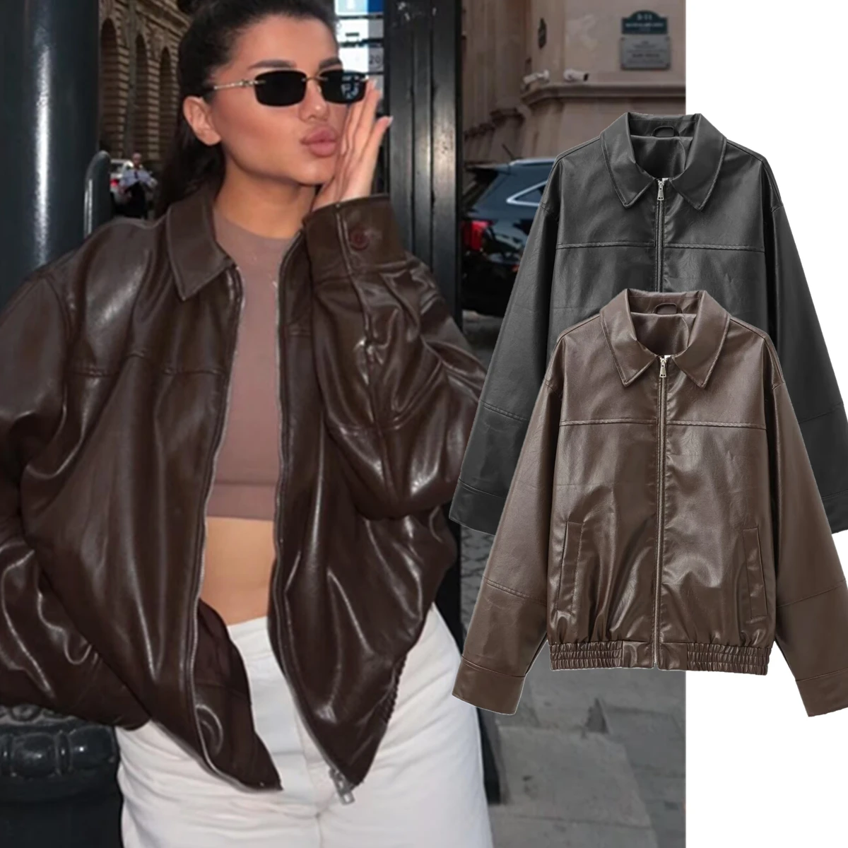 

Jenny&Dave Minimalist Leather Jacket Women's Retro Lapel Boyfriend Style Loose Motorcycle Leather Jacket Coat Women