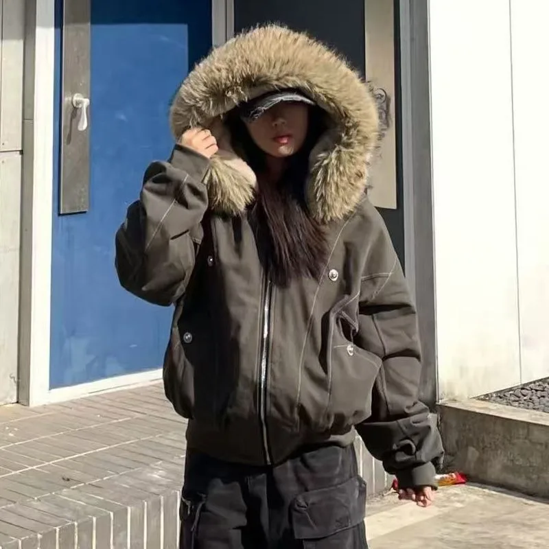 

American Retro Autumn Winter Street Fur Collar Zipper Hooded Jacket Women New Velvet Thickened Warm Fashion Loose Casual Jacket