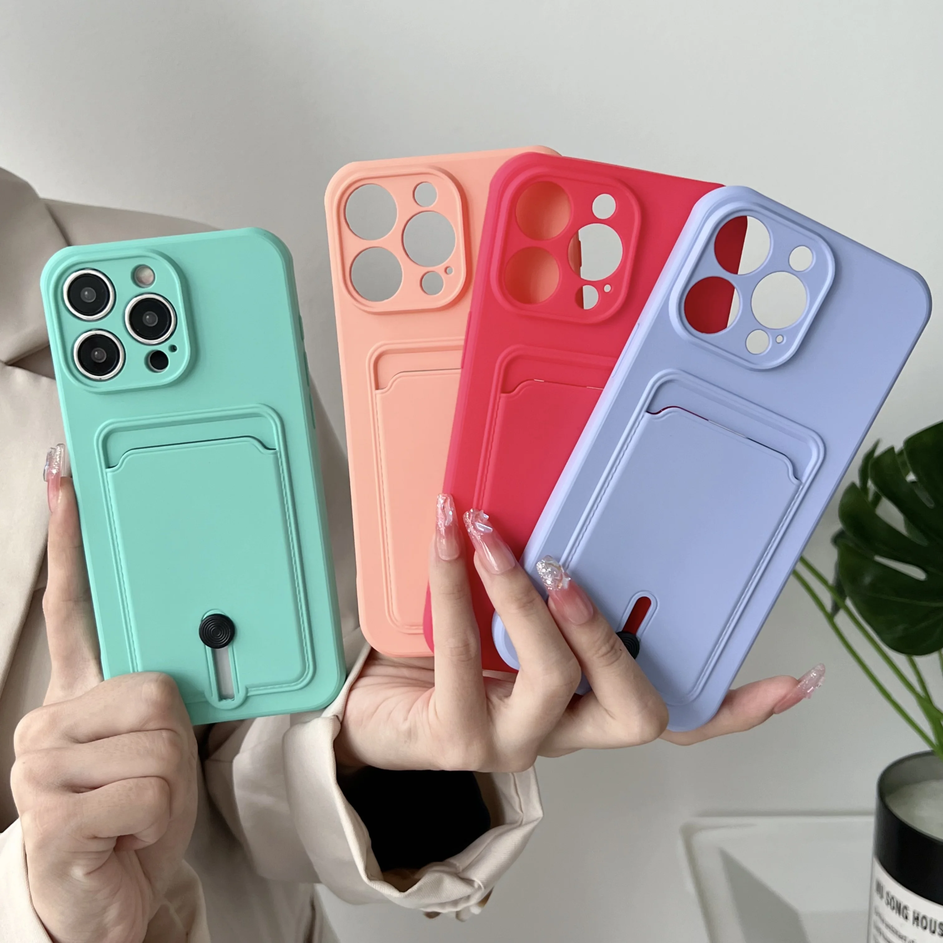 Push Card Bag Slot Holder Wallet Phone Case For iPhone 16 15 14 11 12 13 Pro Max Plus Shockproof Soft Matte Silicone Back Cover