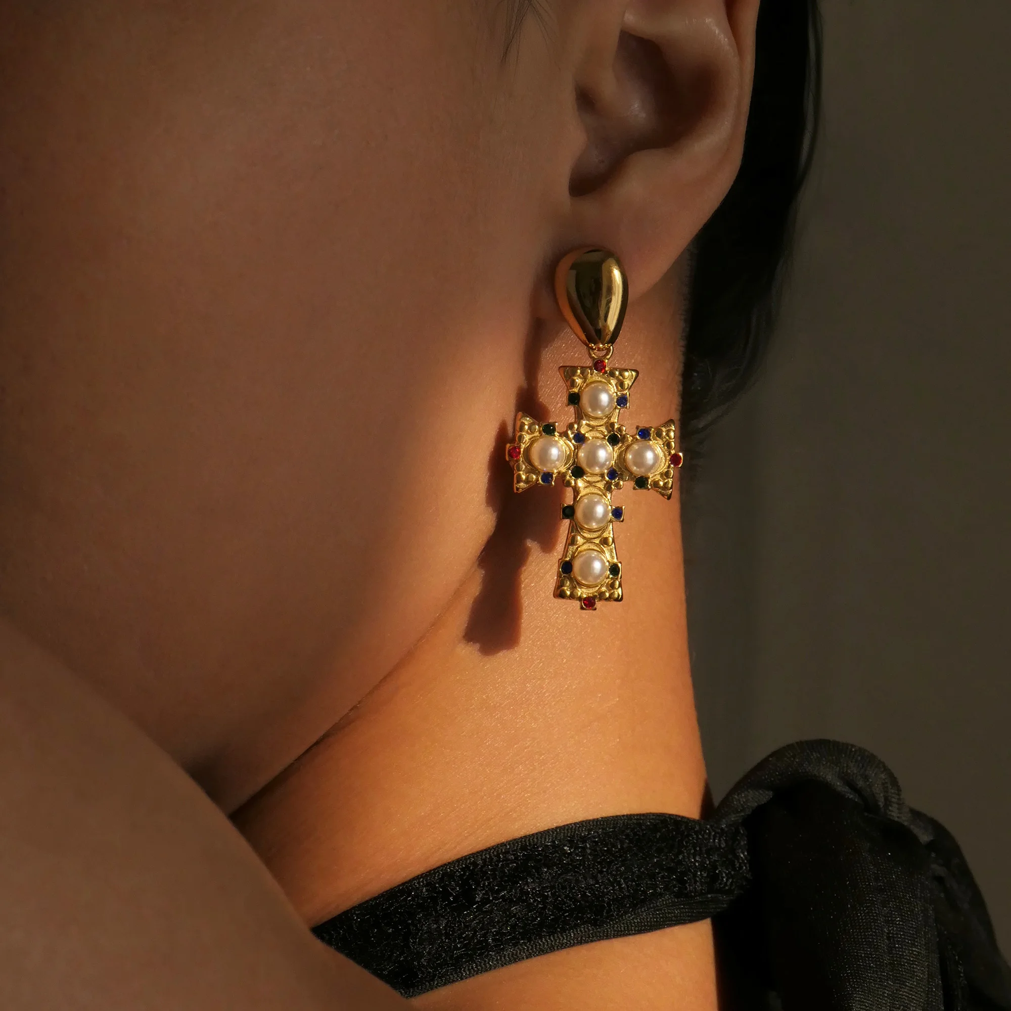 

DASEIN New Vintage Lucky Cross Pearl Pendant Earrings Stainless Steel 2025 18k Gold Plated Hypoallergenic EU Jewelry Women