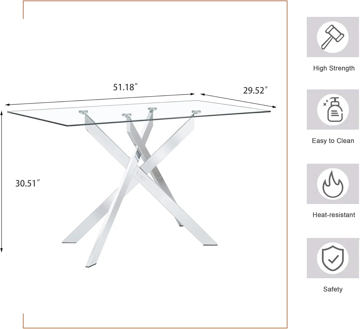 51.18' Rectangular Tempered Glass Dining Table with Metal Legs, Silver - Stylish & Sturdy for Home & Outdoor Use
