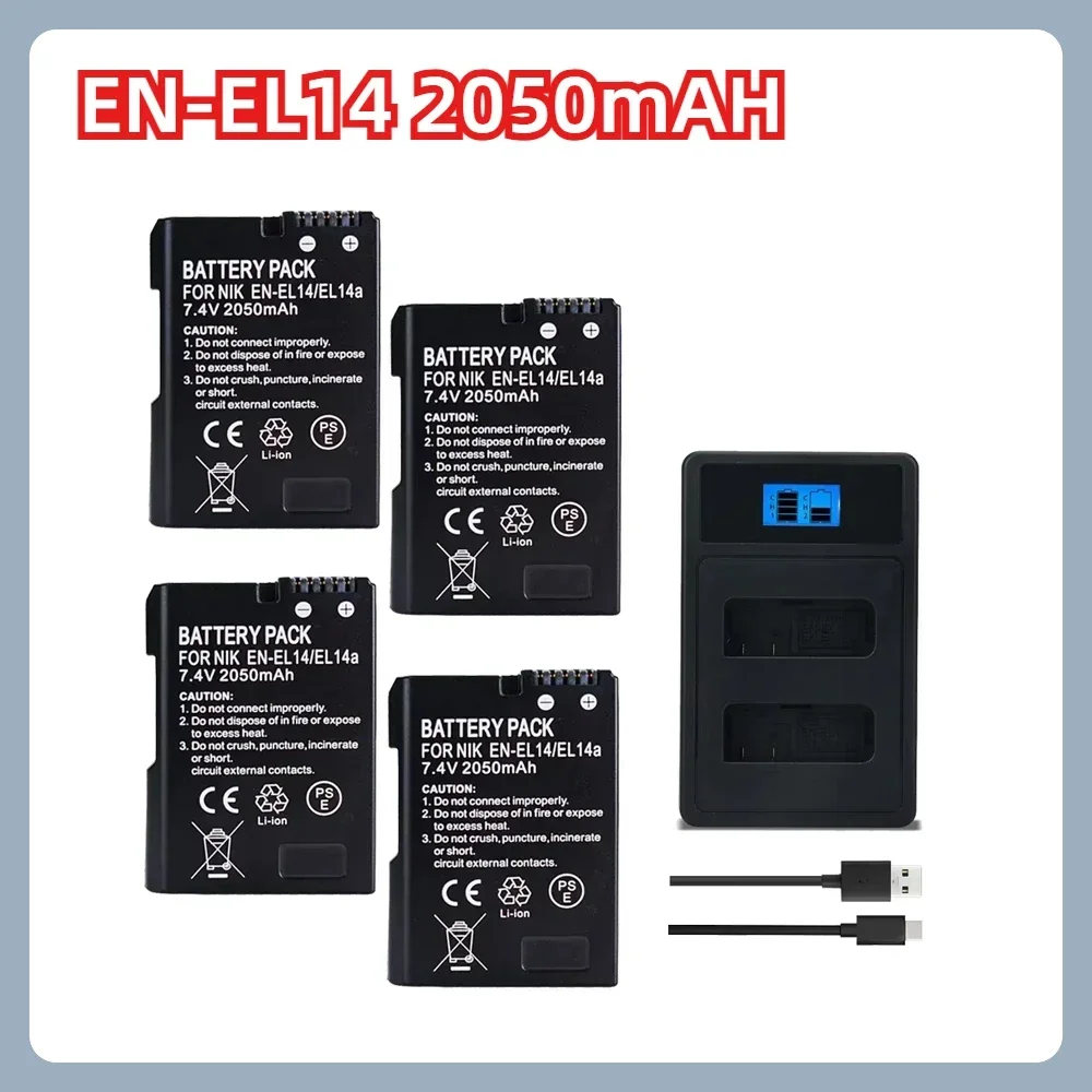 2050mAh EN-EL14 7.4V Battery Suitable for Nikon Cameras D3100 D3200 D3300 D5100 D5200 D5300 D7000 D7100 D7700