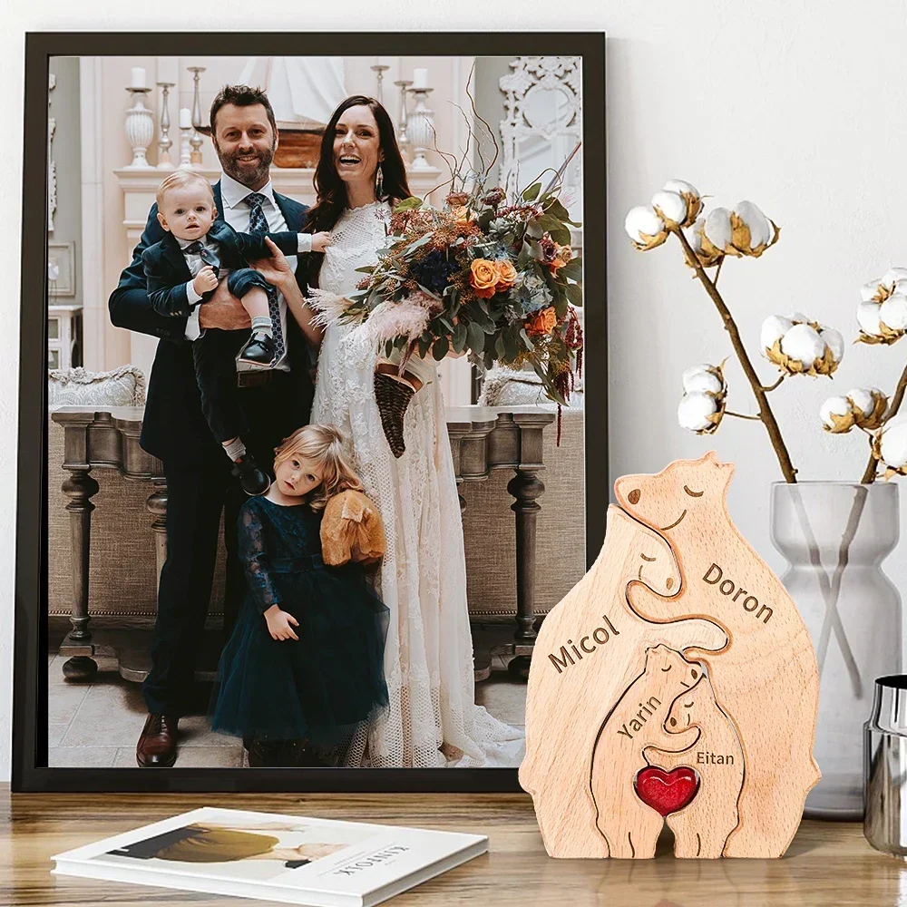 Family Wooden Statue Personalized Family Theme Wooden Puzzle Bears Cute Animal Bear Puzzle Baby Shower Gift for Kids and Family