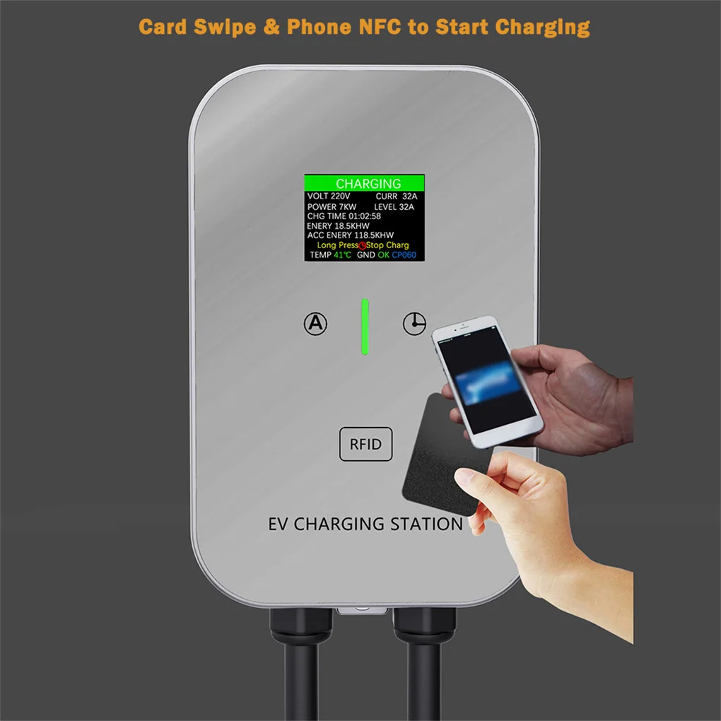 7KW 32A  Type-2 EV Charging Station 1Phase Color Screen Wall-Mounted EV Charging Station Card to charge/Charge now