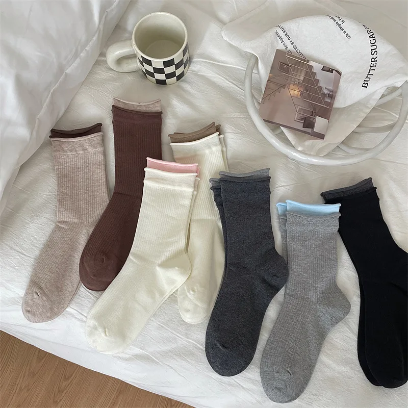 

14 pairs of new women's spring autumn rolled edge mid tube socks breathable simple comfortable casual women's socks