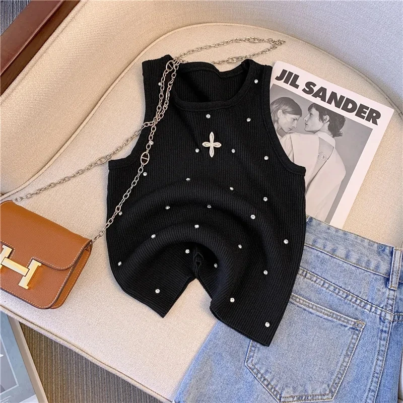 Summer Women\'s Beading Tank Top Embroidered Flares Tank Top Chic Diamonds O-Neck Design Slim Sleeveless Camisole