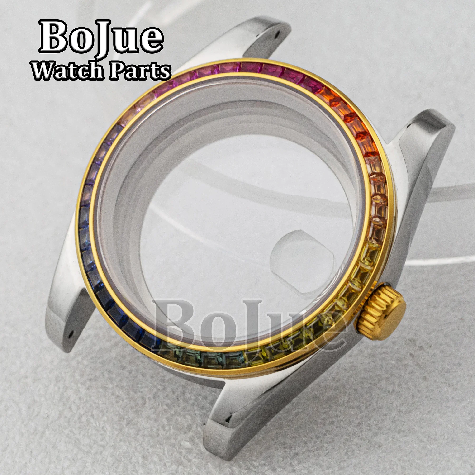 

36mm NH35 Case Strap Bracelet Rainbow Diamond Bezel Sapphire Glass Stainless Steel Transparet Back For Datejust NH36 Movement