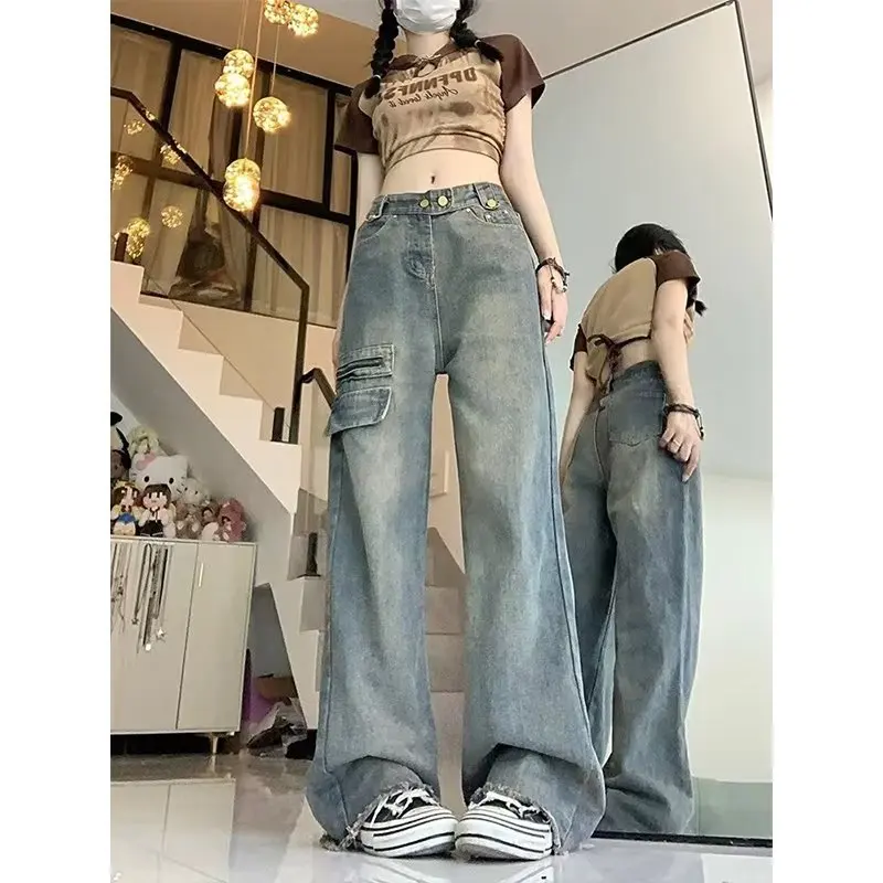 

Rough Edge Design Jeans Straight Loose Denim Trousers Wide Leg Jeans Casual Vintage Leg Floor Dragging Pants Baggy Fashion baggy