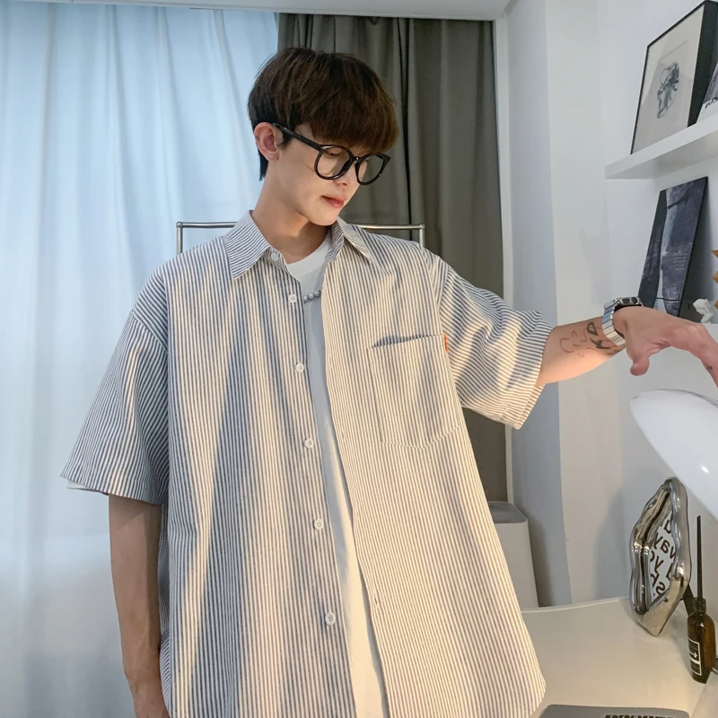 

Summer Thin Cotton Striped Shirt Men's Loose Fit Short Sleeve Casual Top Retro Japanese Style Youth Fashion Trendy Clothing