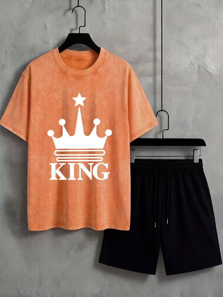 

King Crown Design Prints Mans Washed Cotton T Shirts Jogging Summer New Short Pants Fashion Soft Short Set O-Neck Simple Clothes