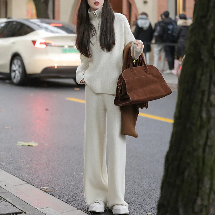 Women Pant Sets Loose Knitted Two Pieces Set Sweater Set Zipper Turn Down Collar Y2k Tops Wide Leg Elastic Waist Pants Suits