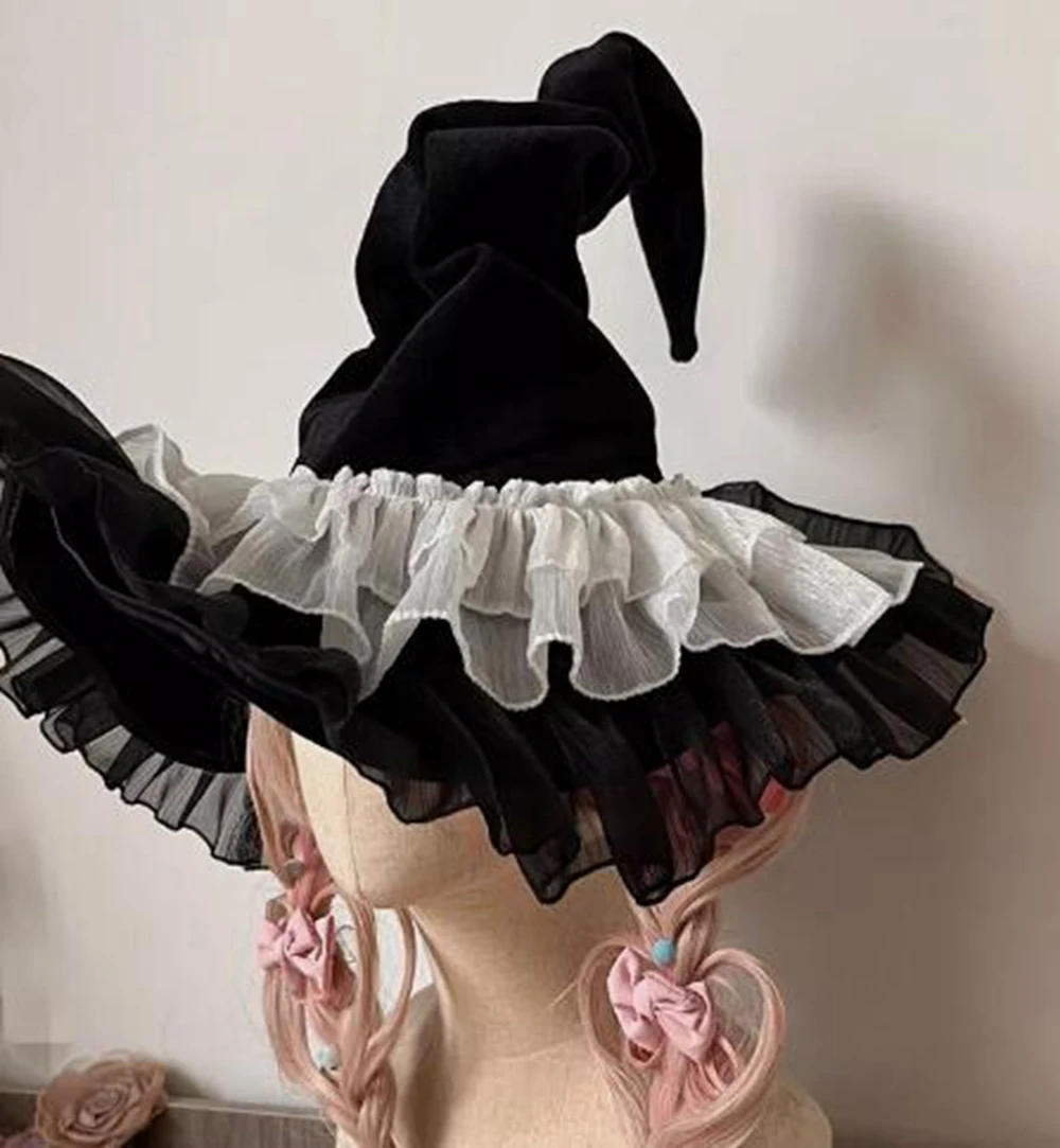 หมวกแม่มดแบบกอธิคฮาโลวีนหมวกแม่มดสีเข้มสำหรับหมวกปาร์ตี้คอสเพลย์