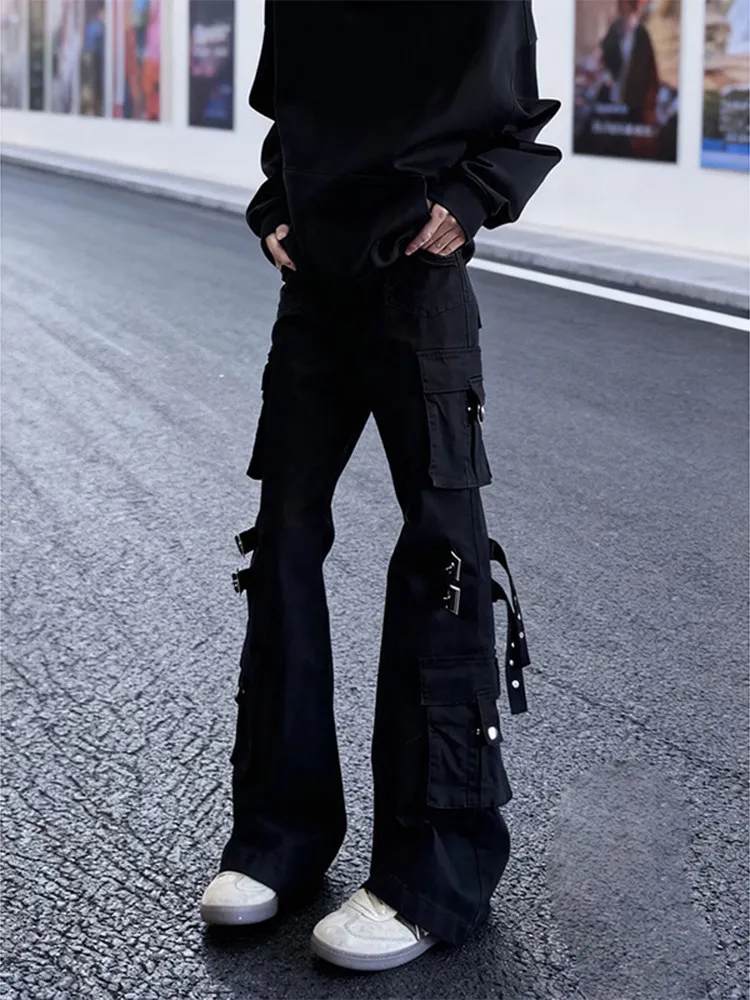 

American High Street Vibe Men's Trendy Jeans with Belt Straight Leg Multi-Pocket Knife Work Pants Slim Fit Bell Bottoms