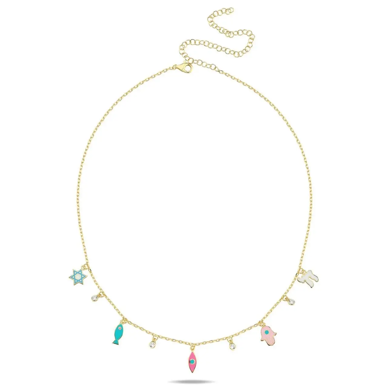 Lucky Enamel Eye Star Fish Chai Charm Symbol Necklace Sign of Life Amulet Jewish Religious Jewelry Gold Color