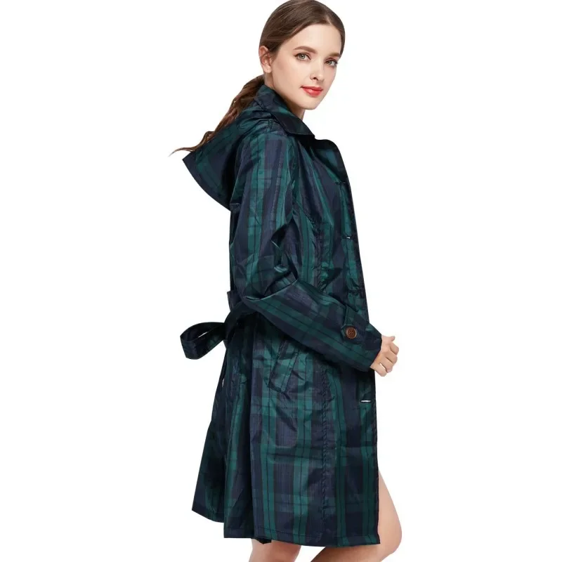 Womens Stylish Long Green Grid Rain Poncho Waterproof Raincoat Jacket Coat with Hood and Belt