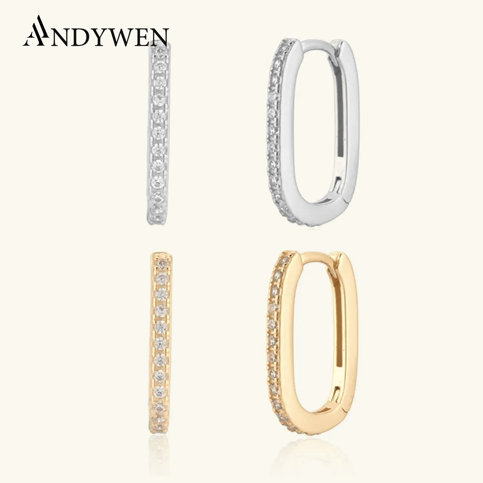 ANDYWEN 925 Sterling Silver 6.5mm Hoops Zircon Ovals Luxury Fashion Rock Punk Crystal Wedding Party Biżuteria ślubna Fashion