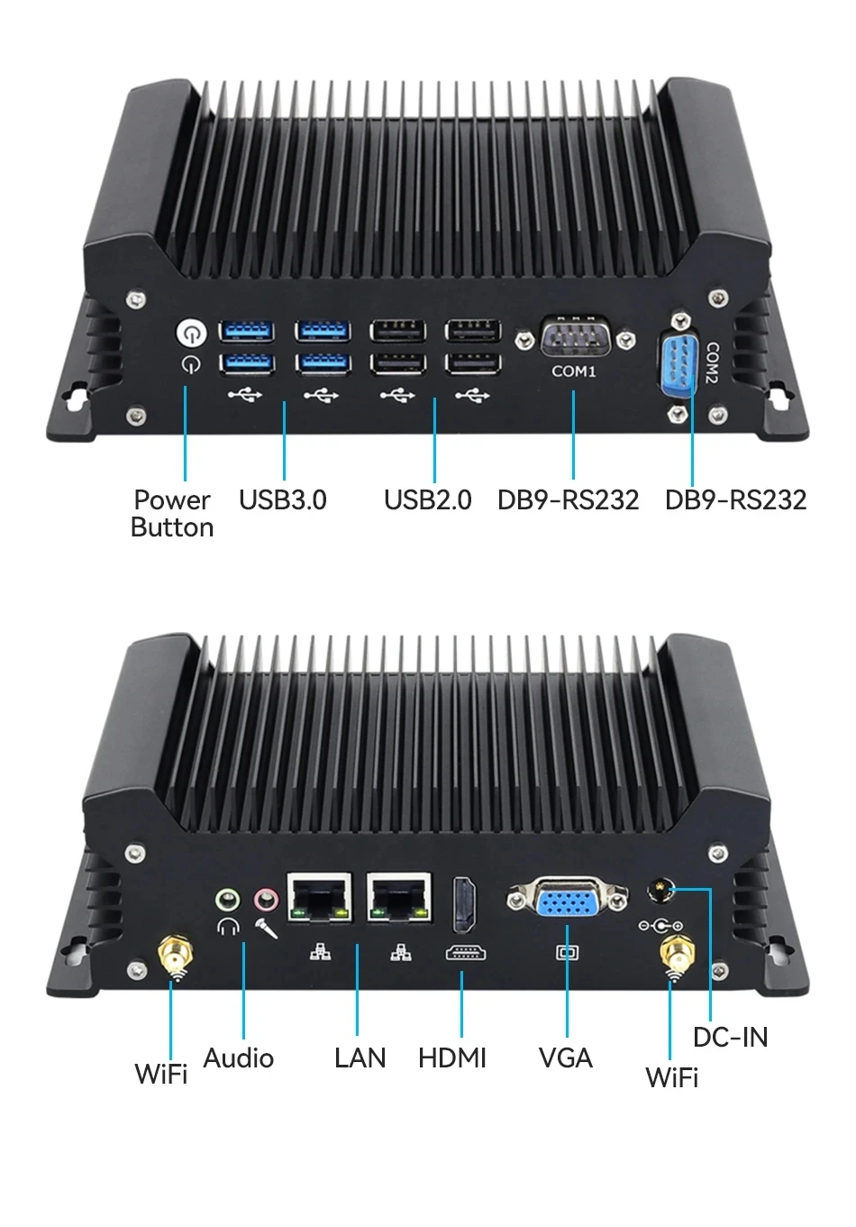 Fanless Industrial PC DC12V-19V Intel 7th-13th Gen Processors Win11/10 Linux 2x COM RS232 2x Gigabit Ethernet 8xUSB WiFi 4G LTE