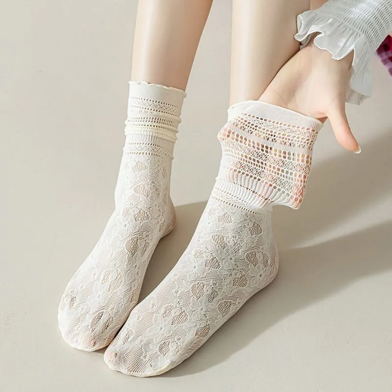 Women White Lace Mesh Sheer Mid Calf Socks Thin Summer Ruffle Scrunch Socks Cute Lolita JK Socks Matching Mary Jane Leather Shoes Daily Streetwear Ankle Hosiery