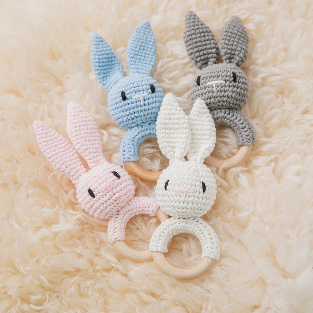 Handmade Crochet Bunny Rattle,Easter Baby Toys 0 12 Months,Four Color Rabbit Rattle Soft,New born Gifts Baby Teething Toys