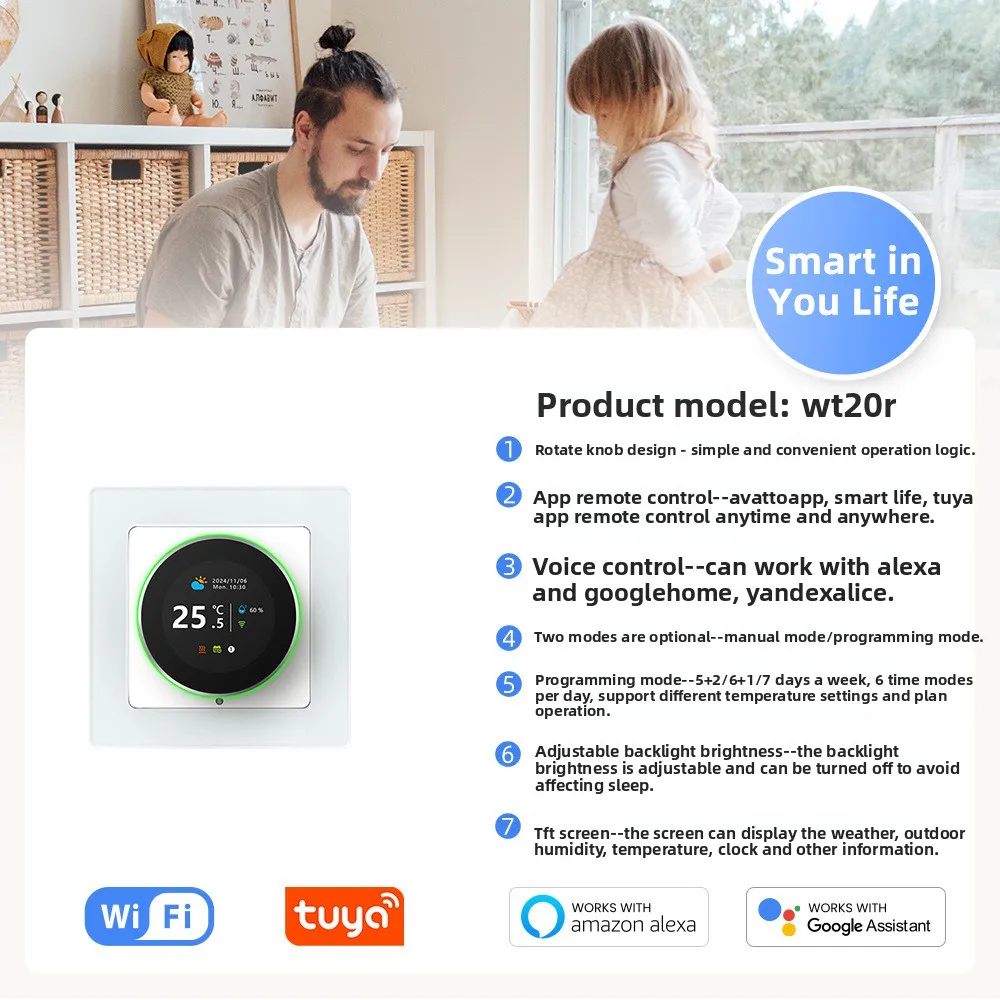 

Tuya Smart WiFi Thermostat Switch Remote Timing Programmable Knob Electric Floor Heating for Home Android App Control Bar Design