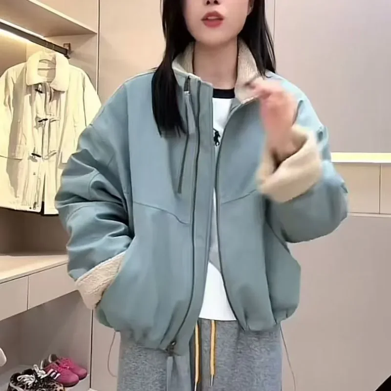 Women Stand Collar Fleece Lined Parka Short Drawstring Workwear Jacket Lamb Wool Casual Outerwear S-XXL