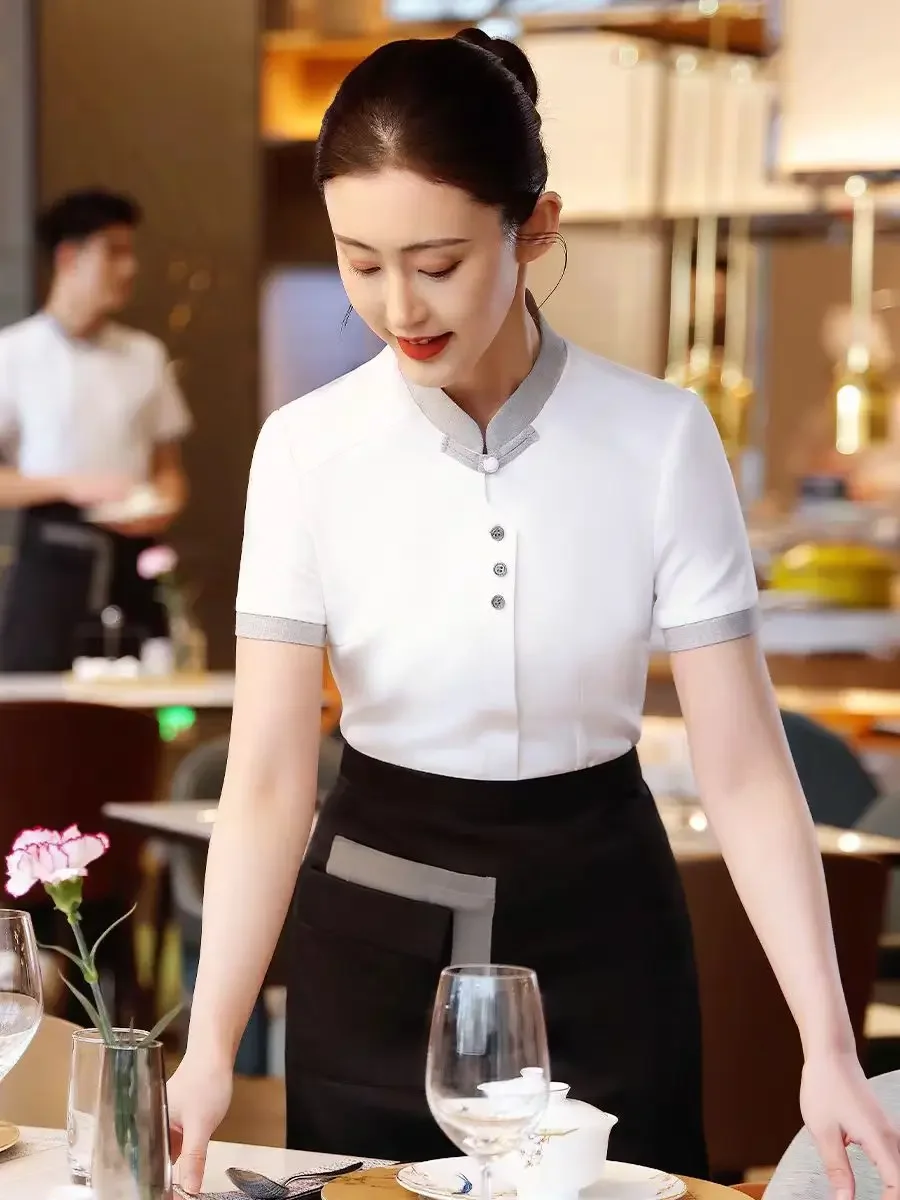 ケータリング半袖ウェイトレス作業服コーヒーショップ洋食レストラン従業員制服鍋作業服トップとエプロンセット