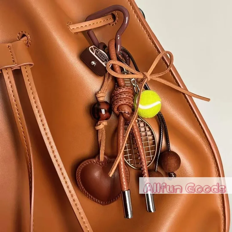 Y2k Vintage Brown Leather Bow Heart Pendant Fashion Tennis Keychain Ins Braided Lanyard Keyring For Women Bag Pendant Charms