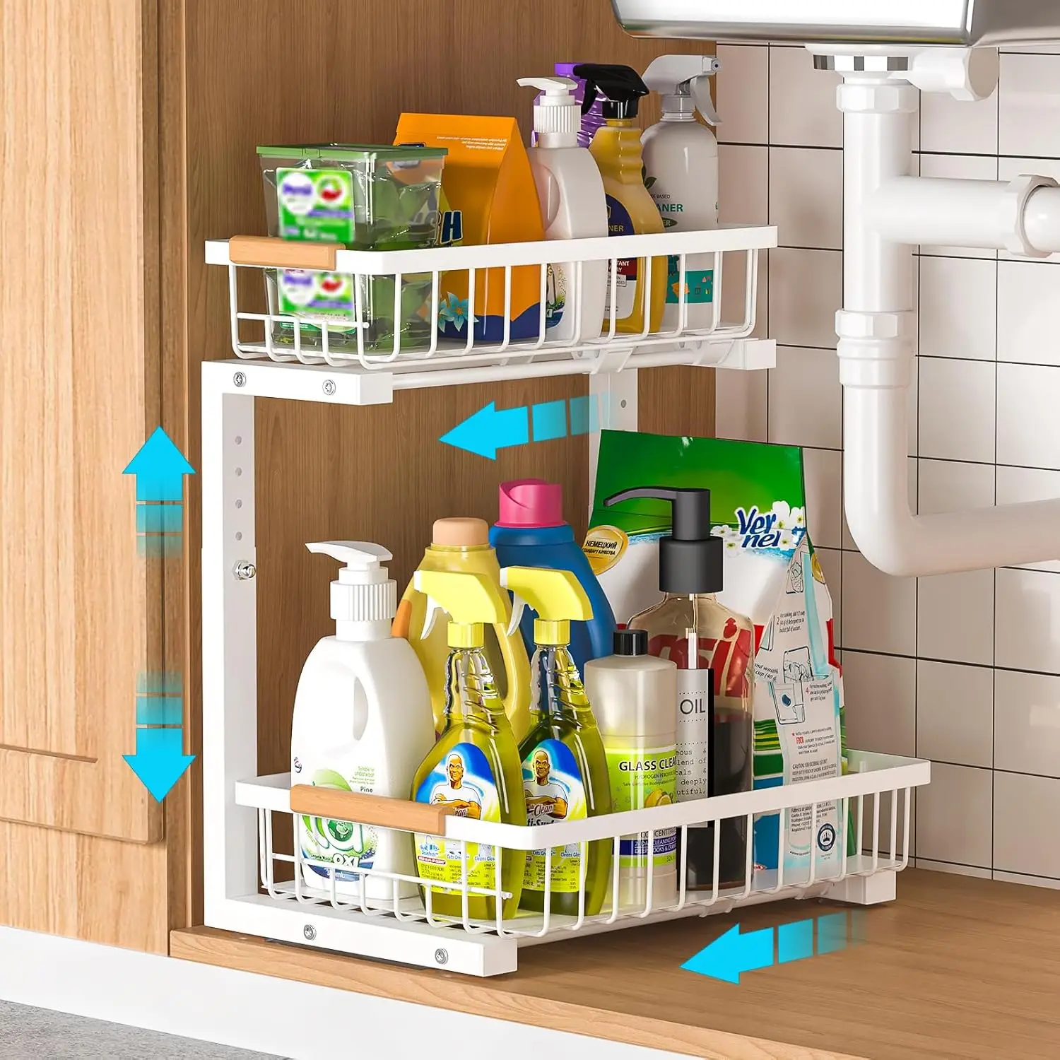 

Under Sink Organizer Storage 1 pack, 2 Tier Slide Out Height Adjustable Pull Out Cabinet Organizer Drawers, Kitchen Bathroom
