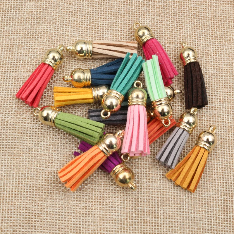 10 sztuk 38mm 55mm długość Suede Tassel dla brelok telefon pasy biżuteria Charms, skórzane frędzle z posrebrzane złote czapki