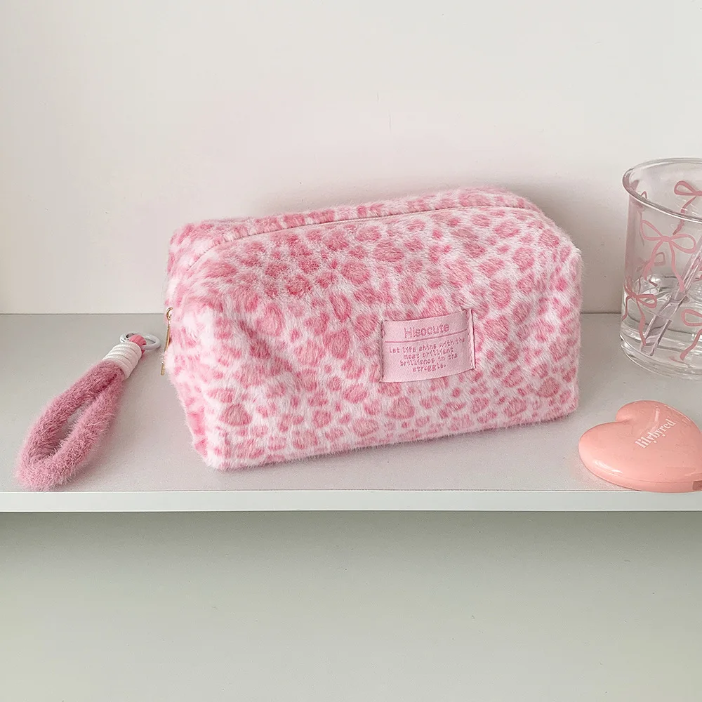 Plush Pink Color Leopard Print Schoolgirl Makeup Bag Large Cosmetic Tote Bag for Women Cute Portable Travel Hand Carry Organizer