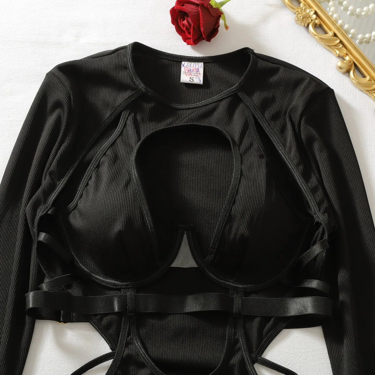 Ellolace Willowy Lingeries Femme Ultra Hot Sensual Langarm-Bodysuit mit offenem Schritt, sexy Cougar Cyber Einteiler-Outfits – Detail 4