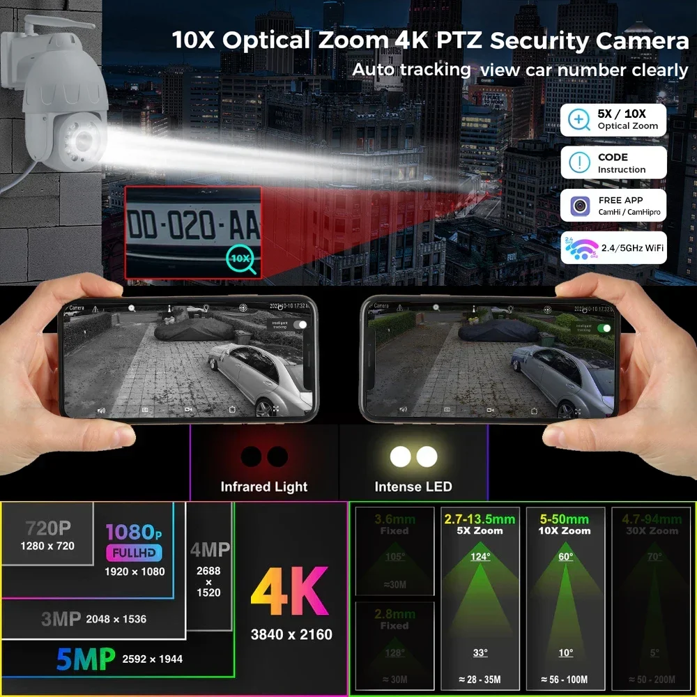 4K 8MP Outdoor WiFi PTZ IP Camera 5X Optical Zoom Human/Vehicle Detect Security Camera Color Night Vision Auto Tracking Cameras