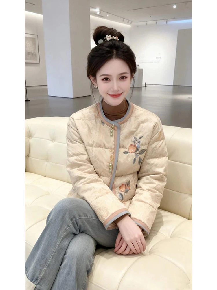 Retro Fashionable Cotton Jacket Women's Print Design Winter New Style Korean Version Loose Fit Long Sleeve Thickened Coat